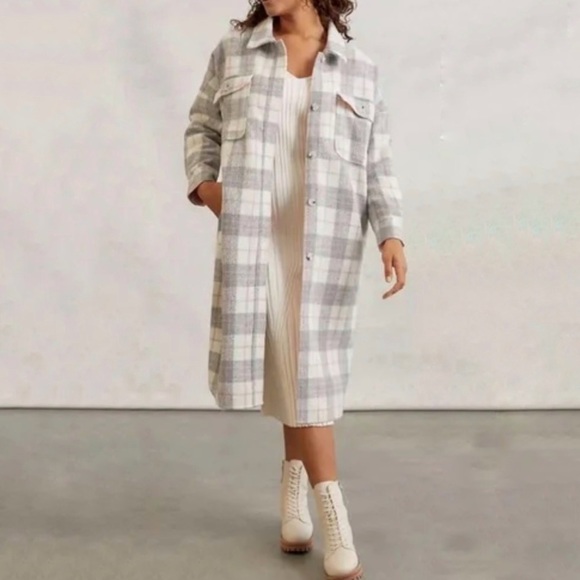 Anthropologie If By Sea Bobbie Grey Plaid Longline Oversized Shirt Jacket NWOT - Picture 1 of 9
